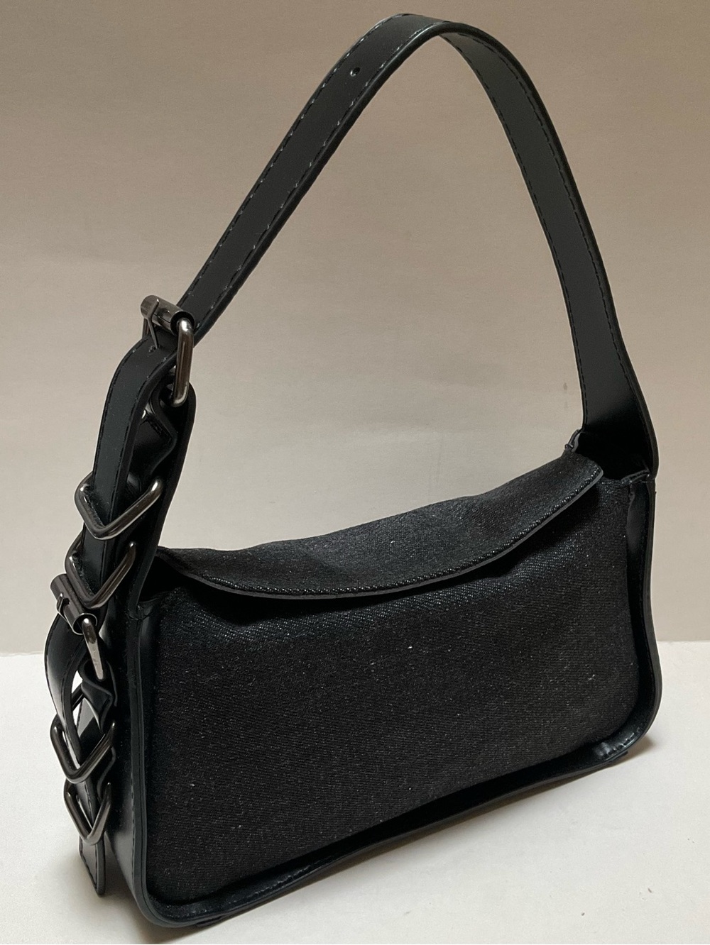 NWOT Black Denim Shoulder Bag with Buckle-Detail Strap Top Handle Emo Edgy